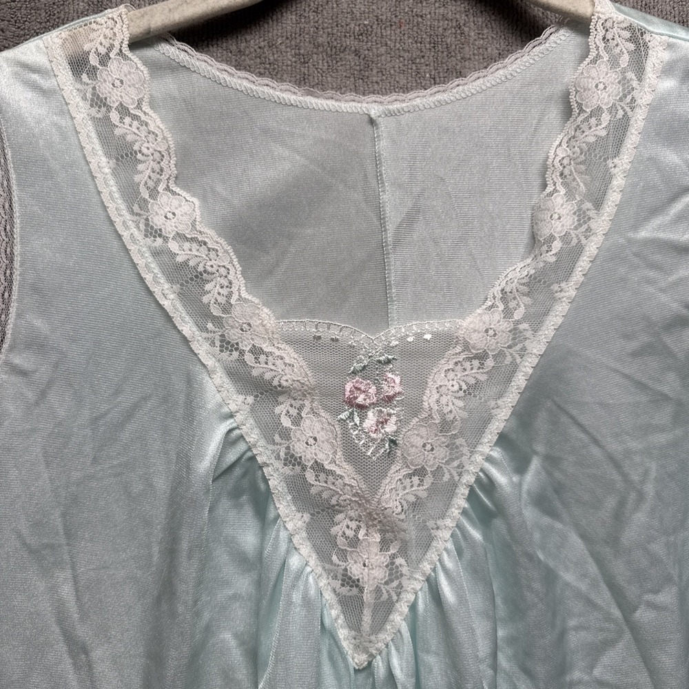 Vtg Slip Dress M Lace Nylon Pullover Coquette Fairy Rose Dainty Blue Green